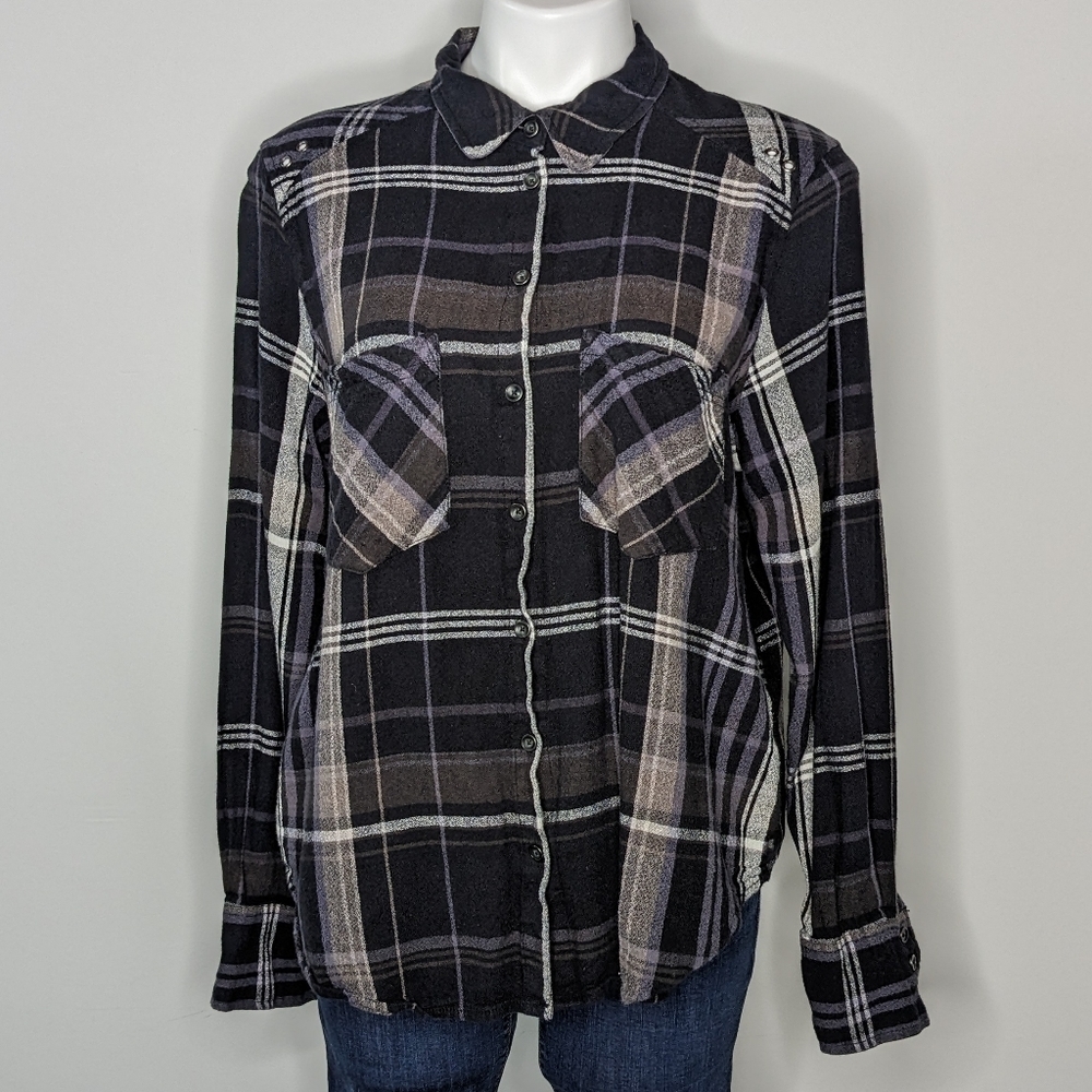 Free People black plaid button up shirt M